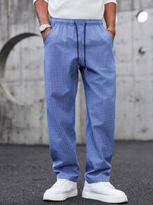 SLATEMANN 男士格子直筒裤，蓝色，简约舒适设计，休闲百搭，送给男友/老公的完美礼物，Y2K风格 - 藍色 - 查看 6