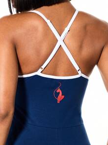 BABYPHAT Logo Halter Navy Unitard With White Contrast Piping And Front Graphic Print For Casual Everyday Wear Women's 4th Of July Women S Red White And Blue 4th Of July Women Tank Usa Tank Top Women 4th Of July Crop - Navy Blue - View 7