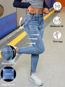 SHEIN 女童蓝色弹力修身牛仔裤 - 中等水洗藍 - 查看 2