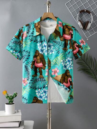 Tropical Elegant Vacation Shirt For Teenage Boys, Featuring Tropical Plant & Animal Graphic Designs, Suitable For Casual Outings, Vacation, Beach