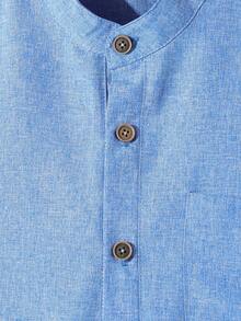 Vacaura 2pcs/Set Boys' Casual Half-Placket Mandarin Collar Shirt Set With White Shorts, Simple & Fashionable, Comfortable For Daily, Commute, Vacation Wear - Blue - View 9