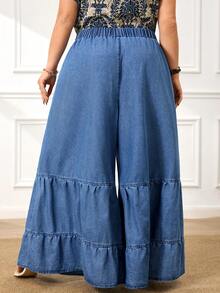 EMERY ROSE Plus Size Women Elastic Waist Ruffle Hem Wide Leg Loose Casual Jeans - Medium Wash - View 2