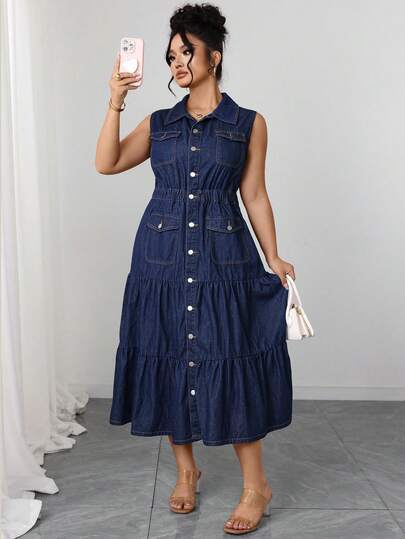 Elenzga Plus Size Women Elegant & Comfortable Navy Blue Non-Stretch Denim Sleeveless Dress