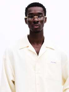 SUMWON 修身米白色线性纹理长袖亚麻质感衬衫，纽扣领设计，适合休闲办公场合穿着。 - 杏色 - 查看 5