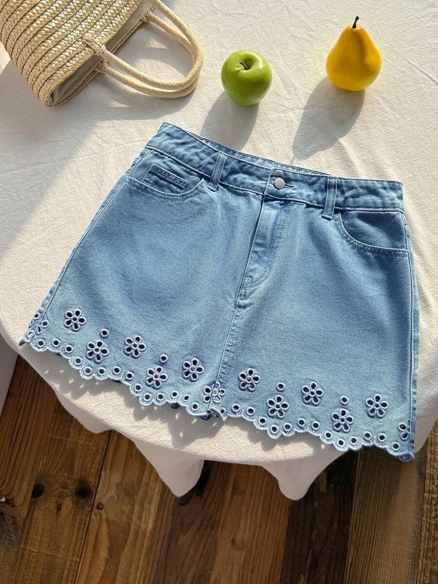 Comfortcana Women's Casual Washed Hollow Embroidery Denim Mini Skirt, Summer Summer Holiday Outfits Spring Outfit Women  Carnival Costume Beach Skirt Birthday Outfit For Women Going Out Skirt  Vacation Outfits Women Casual Skirt For Women Women's Light Blue Denim Mini Skirt With Floral Eyelet Detail Summer High Waisted A Line Short Skirt - Light Wash - View 1