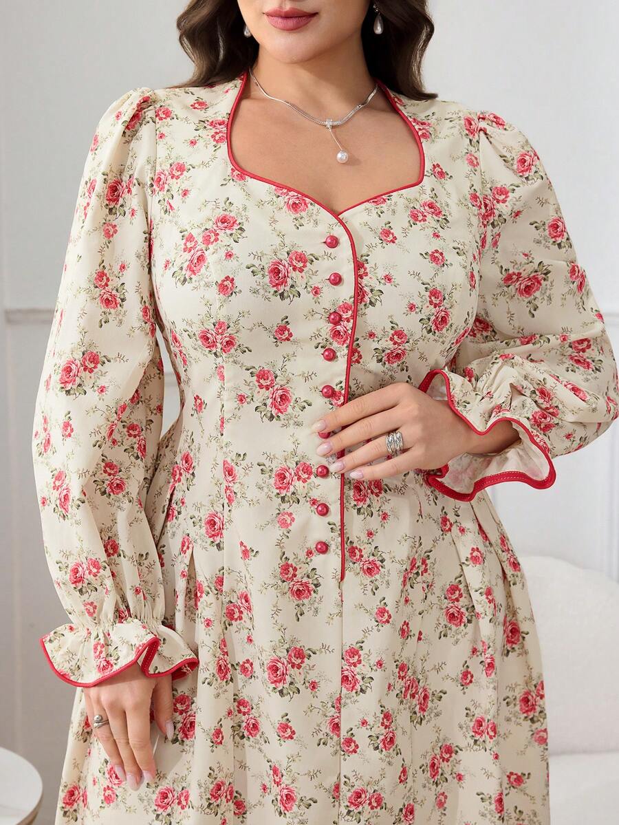 Modelyn 大码女式印花喇叭袖单排扣优雅连衣裙 - 粉色 - 查看 1