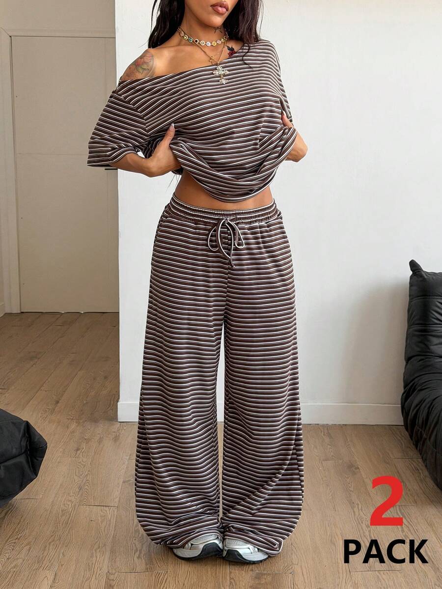 Coolane Brown Striped Knit Women's Plus Size Asymmetrical Shoulder T-Shirt And Pants Set