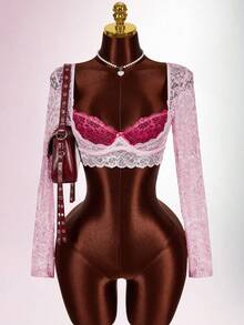 Amplova 2026 New Arrival Contrast Color Double Layer Lace Cup Bow Decor Lace Pink Bralette Long Sleeve Top - Multicolor - View 10