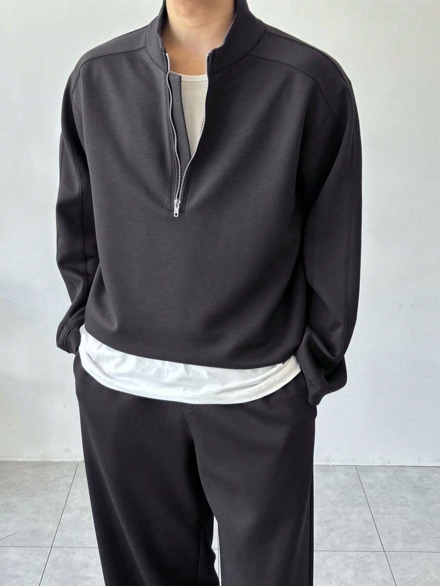 DAZY Men's Solid Gray Half-Zip Pullover Sweatshirt Set, Autumn - Grey - View 1