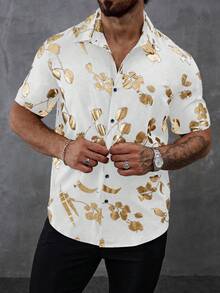Manfinity Homme Men's Floral Print Button Front Casual Versatile Short Sleeve Shirt - White - View 3