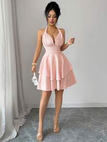 Elenzga New Women's Halter Twist Design Knitted Elastic Textured Fabric Asymmetrical Hem Double Layer Design Vacation & Date Casual Mini Dress, Spring/Summer - Pink - View 5