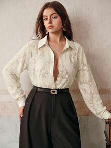 Anewsta Camisa holgada de mujer de talla grande con diseño de quemado de terciopelo, retro y casual, adecuada para otoño, invierno, salir, elegante, formal, chic, Año Nuevo, Navidad, graduación, boda, atuendo de negocios, casual - Albaricoque - Ver 3