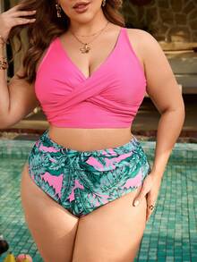 Swim Lushoire Plus Size 2-Piece Swimsuit Set, Solid Color Crossover Adjustable Strap Top, Printed Fabric Shorts With Side Ruching, Vacation Beach Swimwear - Multicolor - View 3