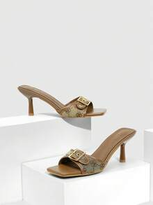 CUCCOO SZL Women's Square Toe Metal Buckle Grommet Design High Heel Sandals Valentine's Day