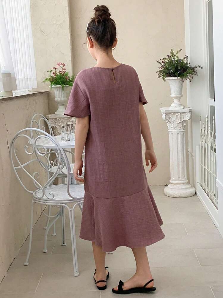 Tween Girl Ruffle Hem Round Neck Short Sleeve Dress Spring