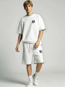 SHEIN White Teen Boys Letter Pattern Round Neck Half Sleeve Tee And Drawstring Track Shorts Set Everyday Casual Polyester Outfit - White - View 3