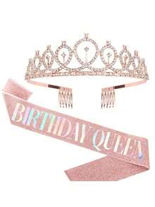 2pcs/Set Rose Gold &Gold &Silvery Birthday Queen Sash & Rhinestone Tiara - Glitter Sash & Sparkling Tiara Set For Birthday Girls - Multicolor - View 12