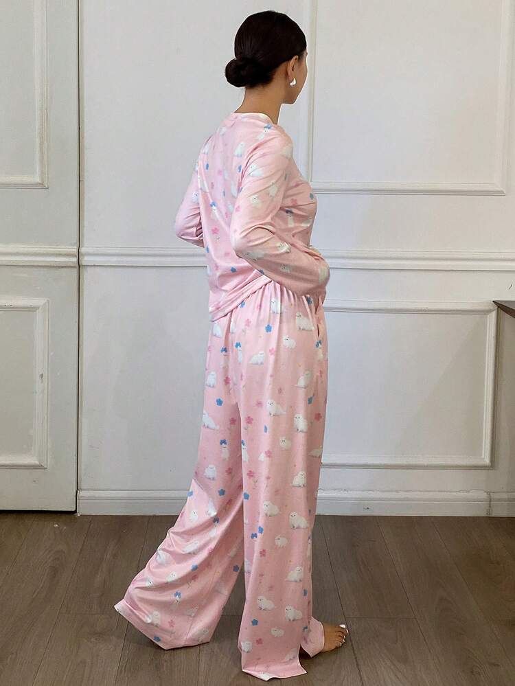 Cute Puppy & Ditsy Floral Pajama Set For Women, Homewear