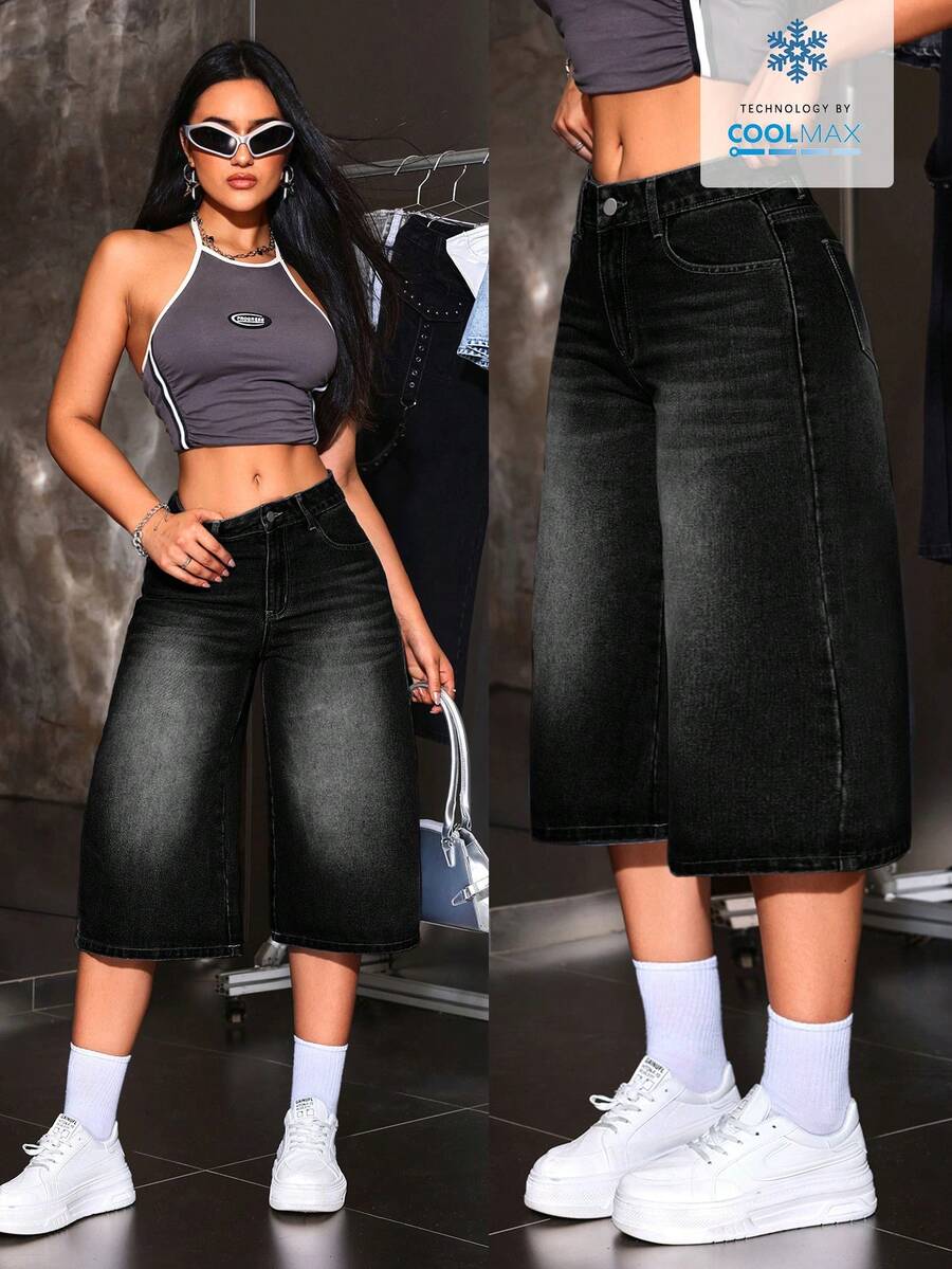 SHEIN ICON 女士口袋宽松休闲百搭阔腿七分牛仔裤 - 黑色 - 查看 1