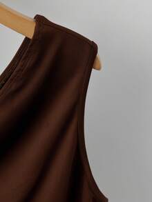 GlowEve CURVE Women's Plain Brown Knitted Asymmetrical Neck Ruffle Hem Tank Top Plus Size - Brown - View 3
