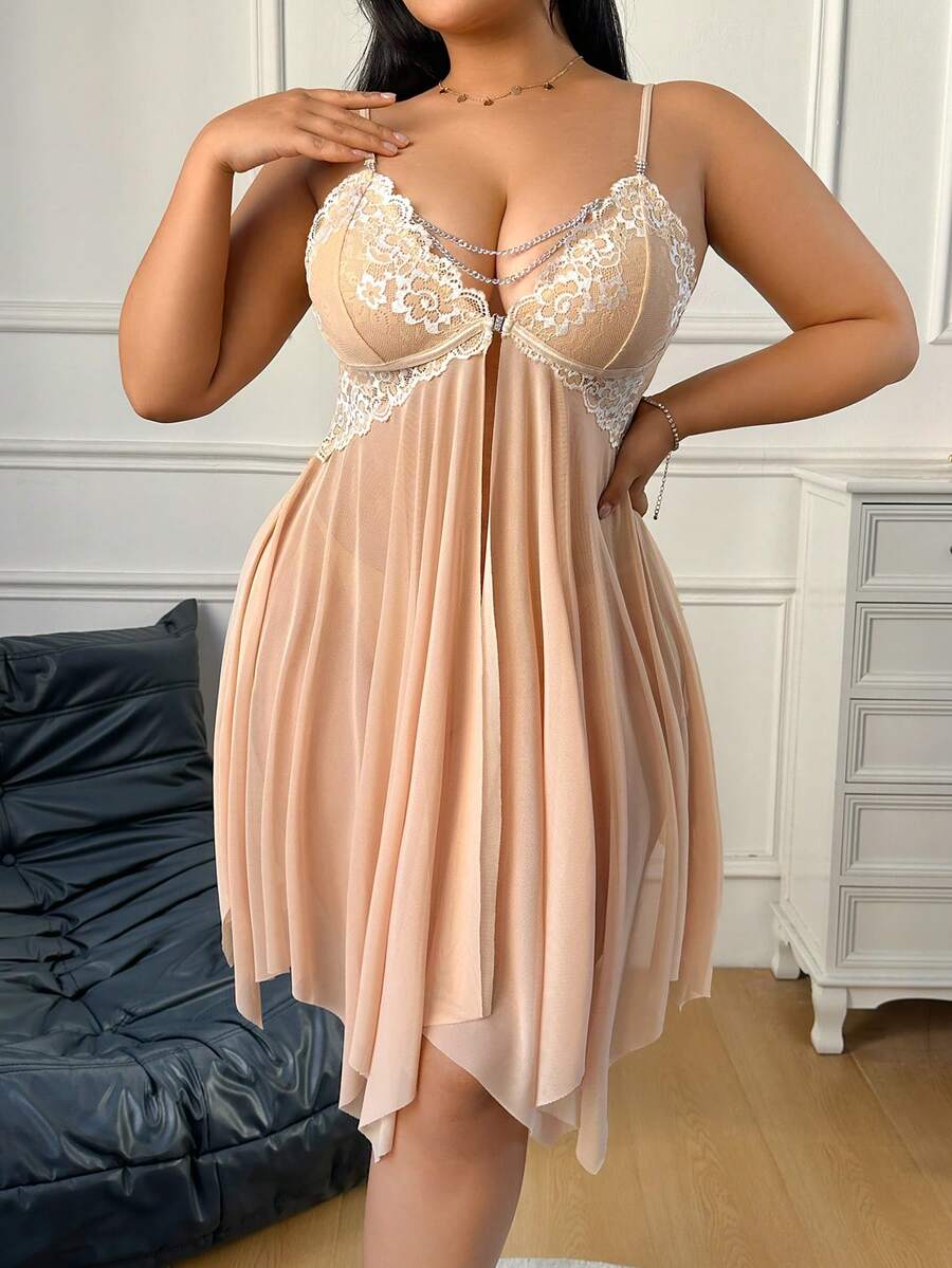 Áo ngủ hai dây cỡ lớn phối ren tương phản màu sắc, trang trí dây xích. - Màu be - Xem 1