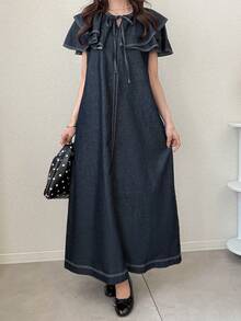 FRIFUL Women's Casual Knotted Collar Ruffle Hem Loose Denim Dress, Summer - Blue - View 2