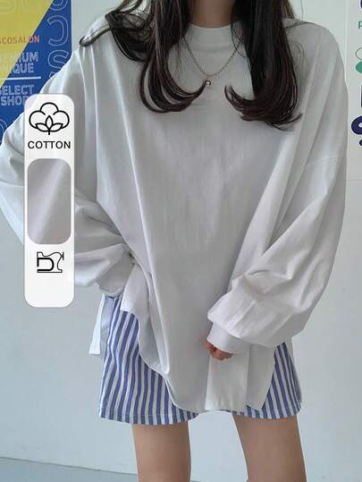 DAZY Women's Solid Color Oversized Long Sleeve T-Shirt, White Plus Size Casual Top, Spring/Autumn