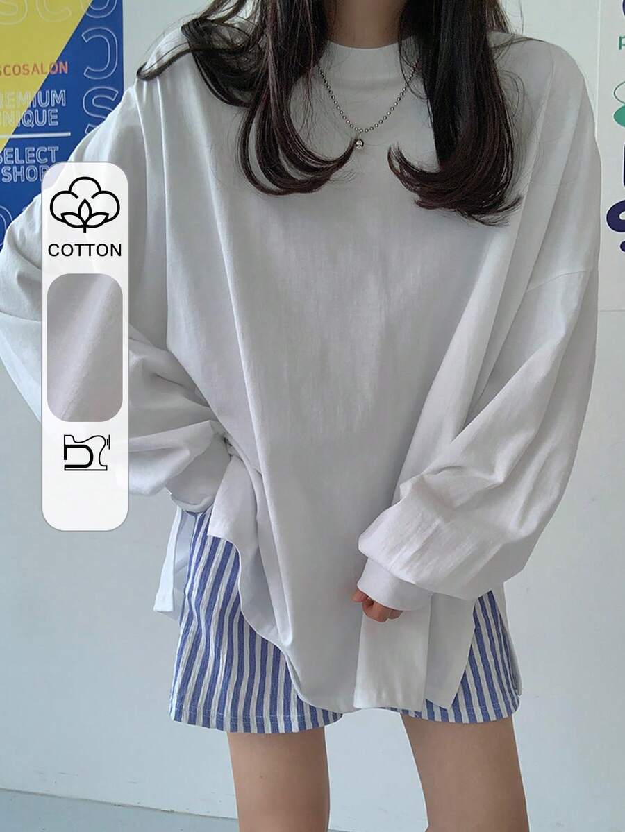 DAZY Kaos Lengan Panjang Wanita Warna Polos Ukuran Besar, Atasan Kasual Putih Ukuran Plus, Musim Semi/Gugur - Putih - View 1