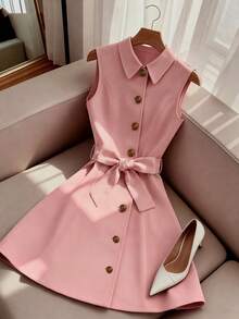 Franclia Women's Elegant Dusty Pink Sleeveless Button Dress With Belt,Summer Brunch Valentine's Day Style Collar Everyday Wear Business Commute - Pink - View 4
