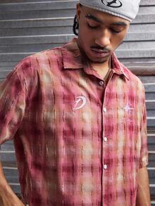 AXEPEAK 男士格子印花短袖单排扣休闲衬衫 - 粉色 - 查看 6