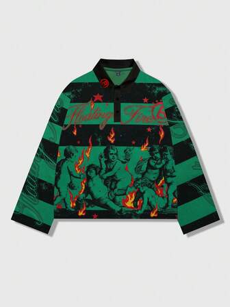 Street Life Maglietta a maniche lunghe da uomo con stampa grafica e righe, colletto polo, per autunno/inverno