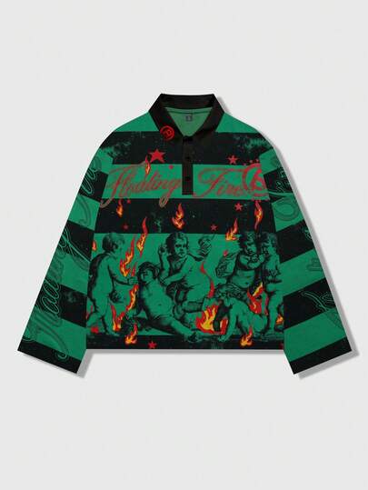 Street Life Maglietta a maniche lunghe da uomo con stampa grafica e righe, colletto polo, per autunno/inverno