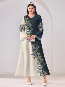 Al Najma فستان عربي محتشم بطبعة زهور وياقة على شكل حرف V وأكمام طويلة