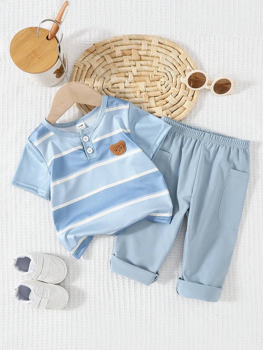 两件套幼儿男童休闲条纹圆领短袖上衣和裤子套装 - 彩色 - 查看 1
