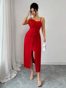 Rafferiza Women's Elegant Red Summer Banquet Dress,Halter Neck Fitted Waist With 3D Floral Embellishments,Midi Curve Party Dress For Bridesmaid,Guest & Date - Red - View 7