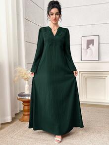 Yasmyna 女士优雅阿拉伯风格撞色蕾丝V领长袖连衣裙 - 墨綠色 - 查看 4