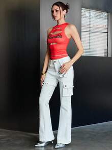 Rina Fox 夏季时尚字母印花镂空修身背心 - 紅色 - 查看 7