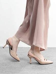 CUCCOO BIZCHIC 女士新款黑色漆皮金属扣尖头高跟鞋，细带凉鞋，优雅百搭，适合派对、圣诞节、新年夜等场合。 - 杏色 - 查看 3