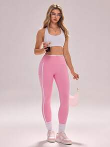 Sovereign Charm Women's High Waist Skinny Contrast Color Pocket Sports Leggings Pink Yoga Pants Cute Active Wear Pink Active Wear Pink Gym Leggings Pink Spandex - Pink - View 6