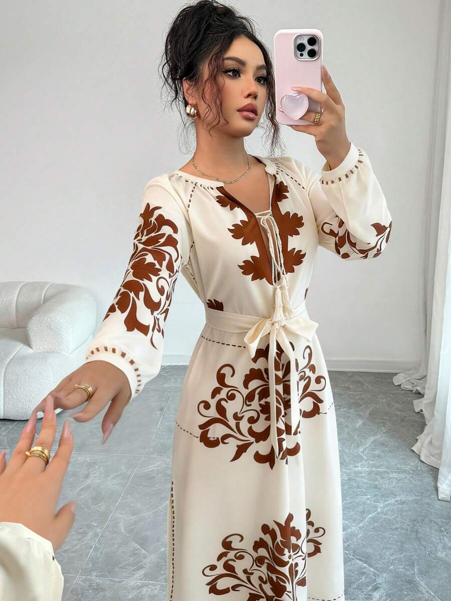 Elenzga Off-White Apricot Printed Long-Sleeve V-Neck Fringed Maxi Dress,Women's Elegant Boho Holiday Tea Party French Style Lace Up Autumn Casual Dress - Multicolor - View 1