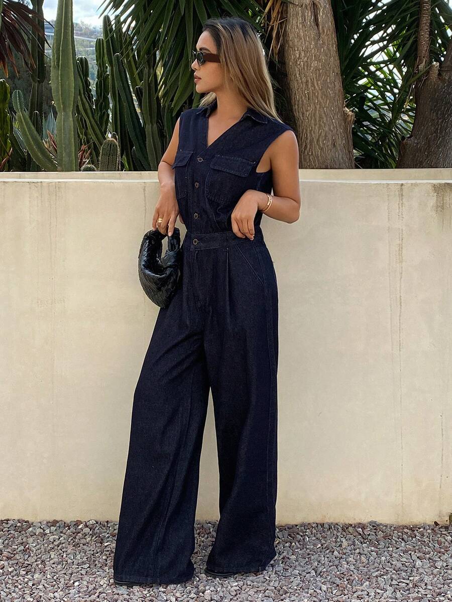 DAZY Women's V-Neck Sleeveless Waist Cinched Loose Straight Leg Washed Denim Jumpsuit, Casual City Style Vacation - Dark Wash - View 1