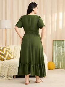 Momelise Đầm maxi dáng chữ A màu trơn dành cho nữ, cổ tròn, thắt eo bằng dây rút và nơ, viền bèo nhún, thích hợp cho mùa xuân/hè. - màu xanh lá - Xem 2