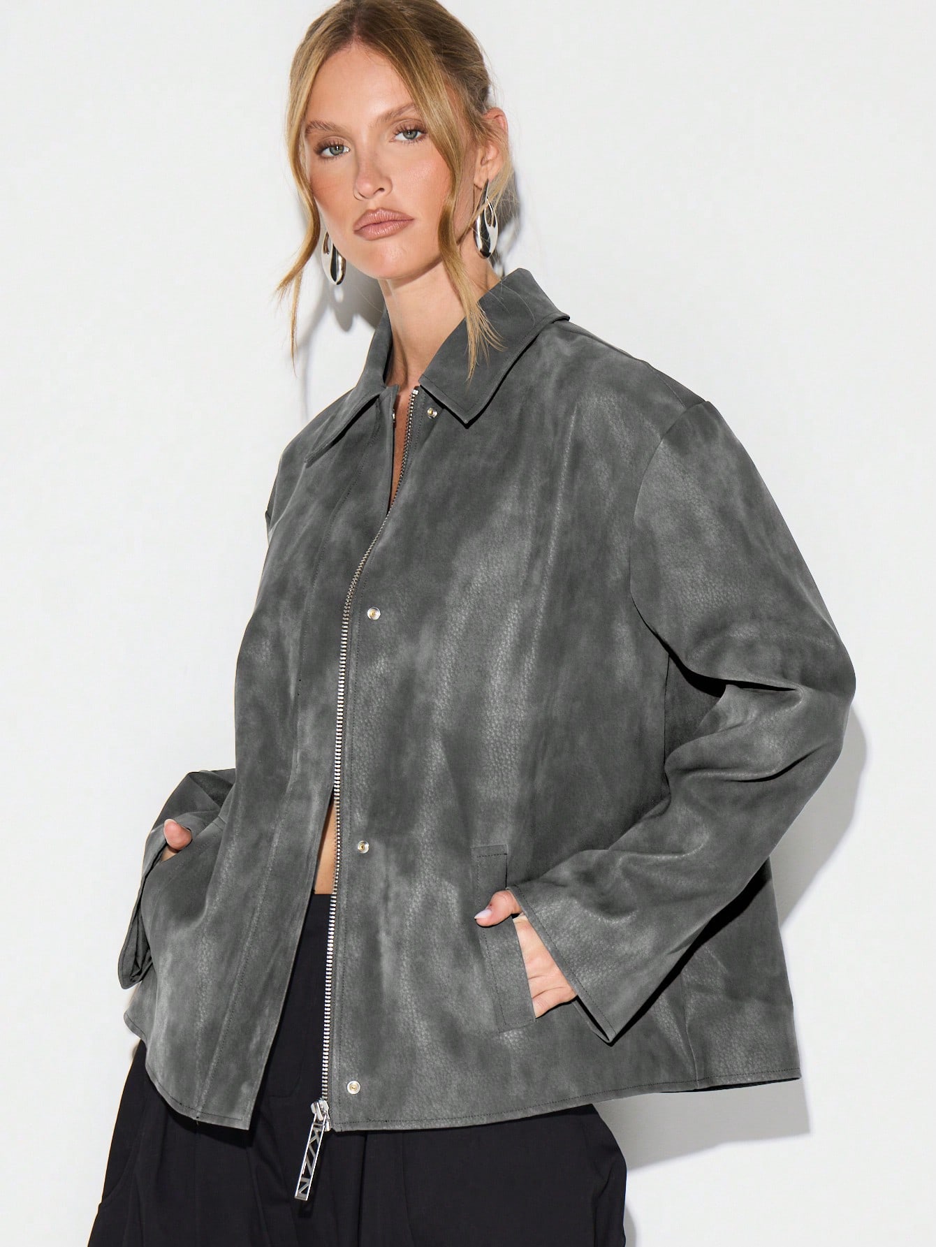 KIZN オーバーサイズフェイクレザーフィールドジャケット（襟付き）