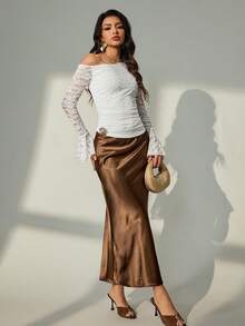 Bluhae Elegant Fashionable Sexy Elegant Women's Fitted Asymmetric Ruched 3D Floral Decor Button Oblique Shoulder Autumn/Winter Ruched Hollow Lace Long Sleeve T-Shirt, Lace Randomly Cut