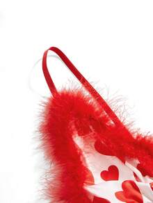 3pcs Plus Size Milk Silk Patchwork Lingerie Set, Valentine's Day - Red and White - View 8