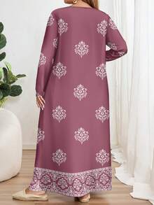 EMERY ROSE Soft Taro Purple, Traditional Elegant Dignified Gold Floral Print Plus Size Retro Print Long Sleeve Round Neck Women Dress, Suitable For Spring; Traditional Arabic Robe Dress Suitable For Spring/Summer Daily, Festivals, Outings, Elegant Long Sleeve Arabic Maxi Dress,Vacation - Multicolor - View 2