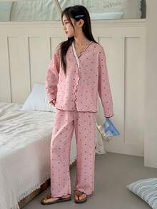 DAZY Tween Girl Heart Print Button Front Long Sleeve Top And Pants Pajama Set - Pink - View 4