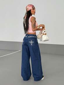 StreetHx Women's Casual Washed Cross Embroidered Wide Leg Jeans - Medium Wash - View 2