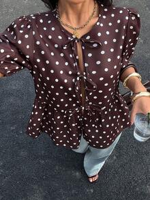 Siren Gaze 女士圆领短袖衬衫，斑马纹系带泡泡袖衬衫，夏季女士可爱荷叶边V领修身泡泡袖上衣，休闲日常穿着，春夏动物纹印花休闲衬衫，短袖 - 咖啡棕 - 查看 6