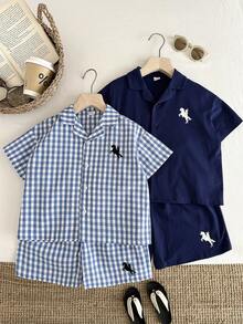 SHEIN Bộ đồ ngủ ngắn tay dáng rộng, cổ bẻ, kẻ sọc, 4 món cho bé trai, 2 kiểu dáng, 1 bộ 4 món. - Màu xanh lam - Xem 5